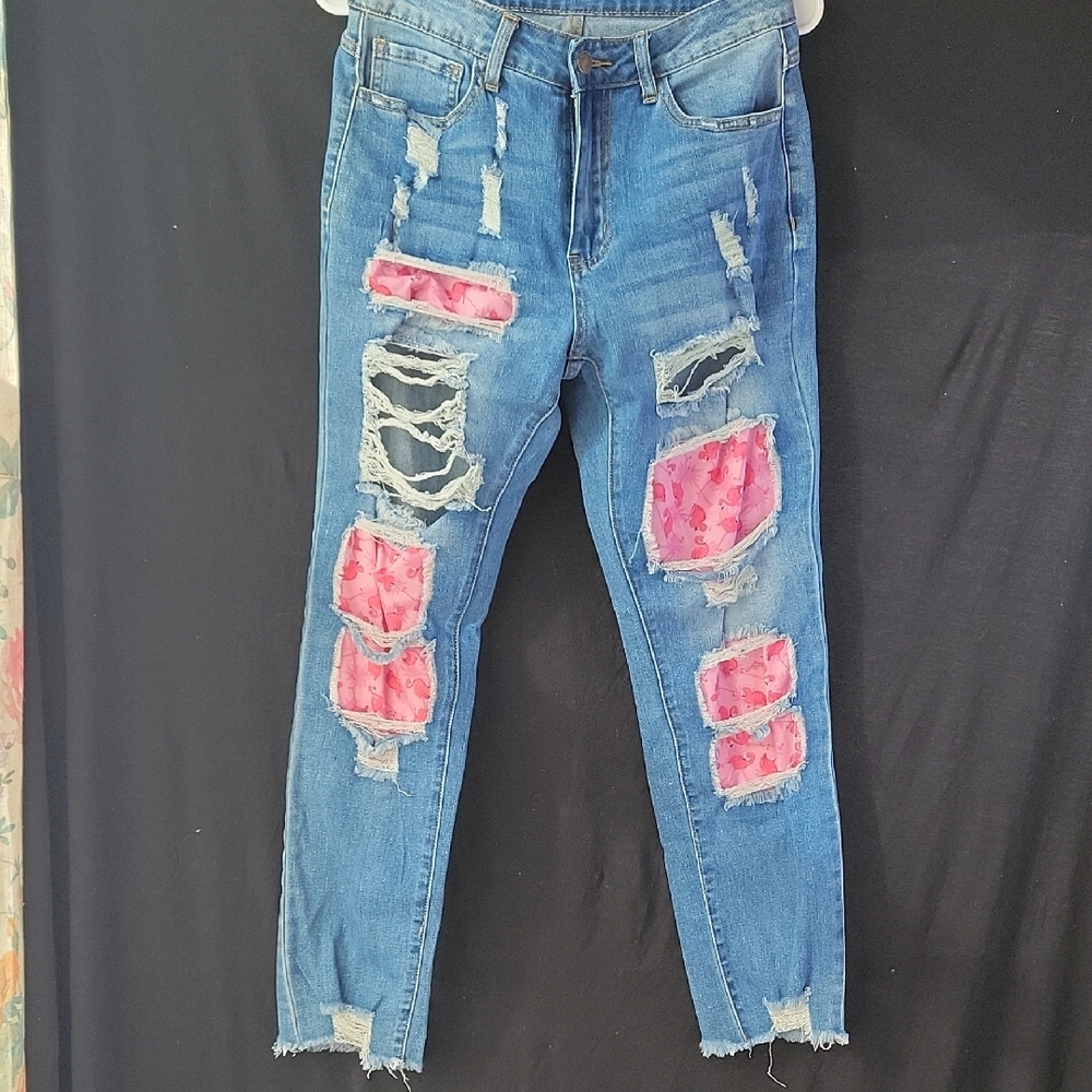 Women's Distressed Blue Jeans with Pink Accents